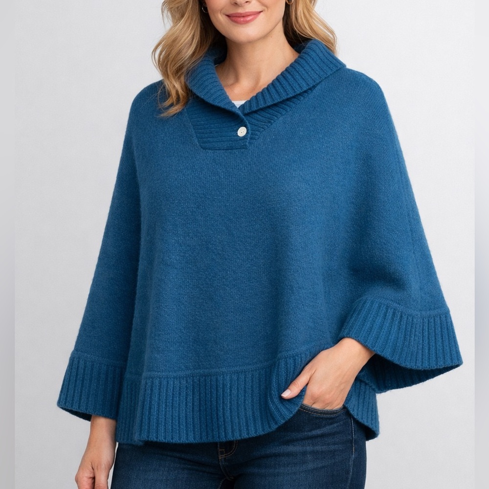 🆕🦋🇮🇹 Lambswool Angora Portolano Aquamarine Knit Cape Poncho Italy Boho Casual
